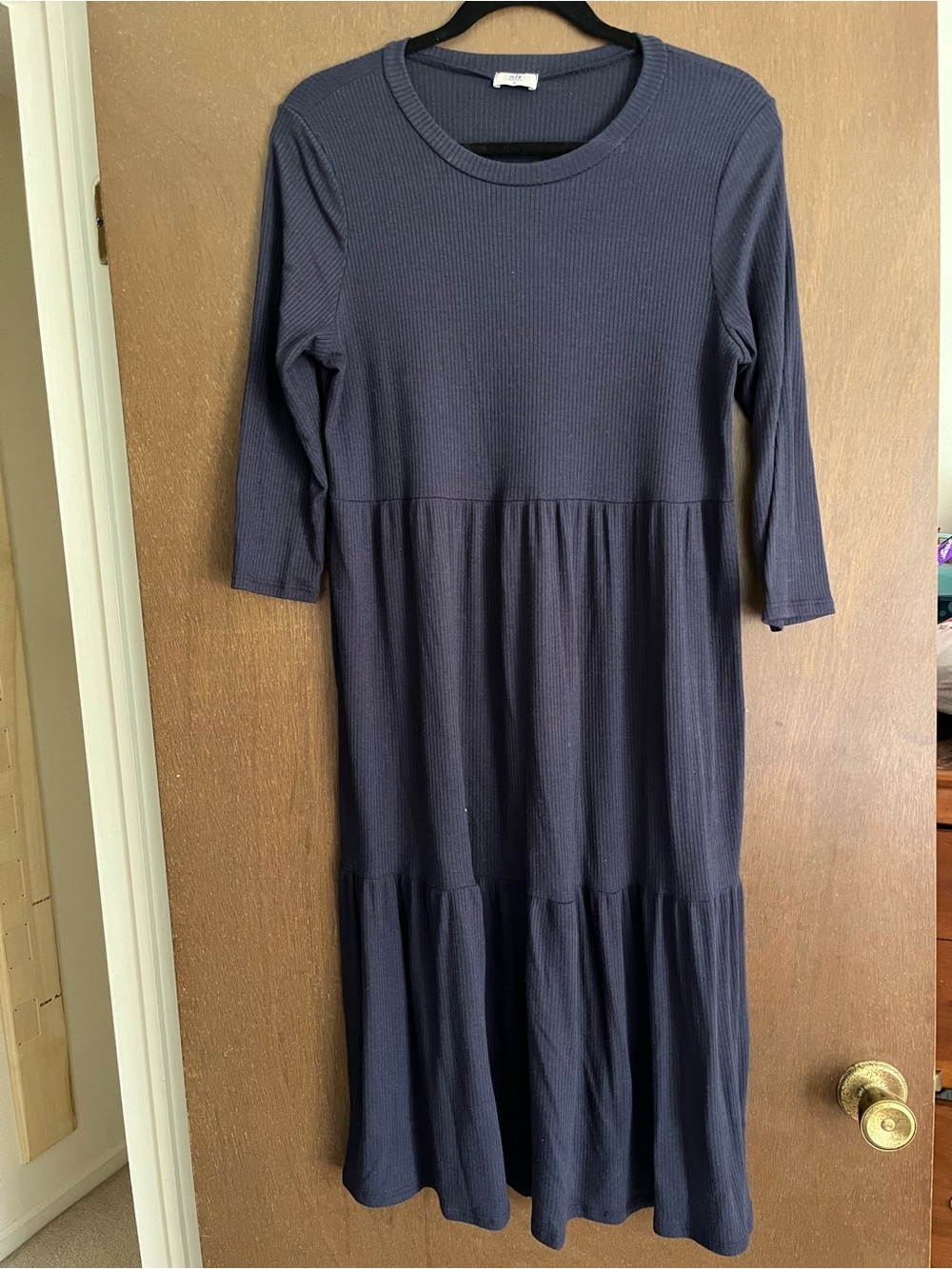 Women’s Navy Ribbed Tiered Midi Maternity Dress